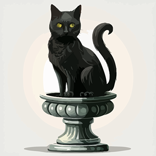 cartoon, black, female cat sitting on a pedestal, white background, vector