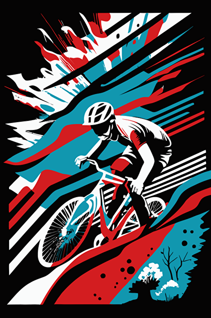 abstract cycling on mountain bike, blue, red and white colors, pop art deco illustration, hand vector art, black background,