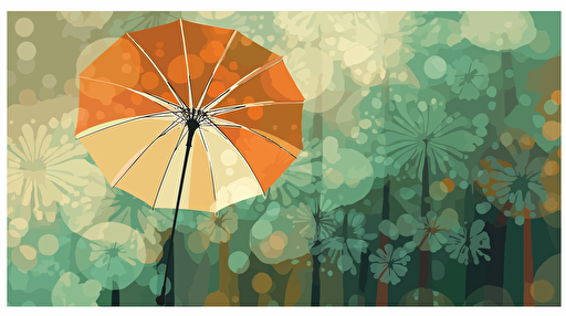 a postcard with an abstract representation of an umbrella, vector style, greenish background, green colours with warm tones