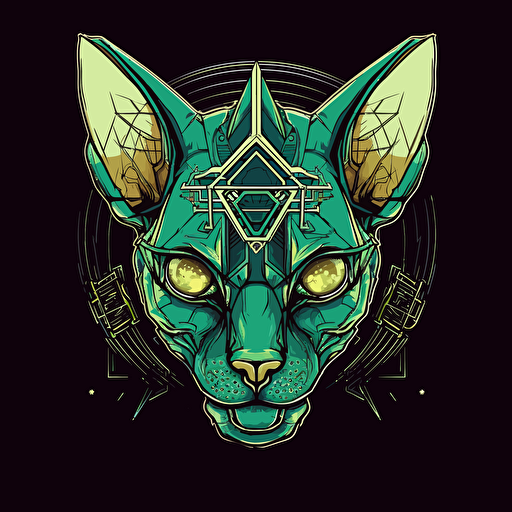 Logo, Menacing, Alien Mecha Cat, Sphynx, Diamond Skin, Green Eyes, Big Ears, Triangle Base, Vector Style,