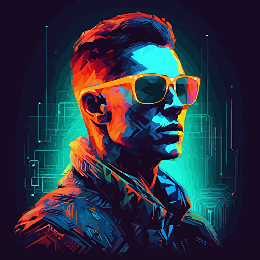 digital vector avatar, a transhumanist man wearing futuristic neon light glasses, cyberpunk and futurist world, background with shapes of vibrant colors, neon lights,