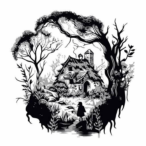 Black and White vector illustration small cottage hidden behind a thicket of trees and an old wizard