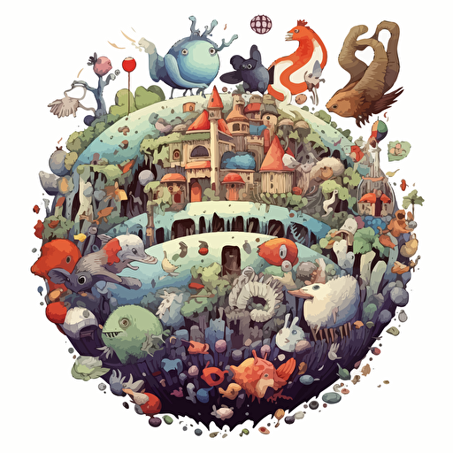 round up design with digital retro illustration of tiny creatures inspired by Studio Ghibli, vector illustration, intricate details, highly detailed, sharp, white background