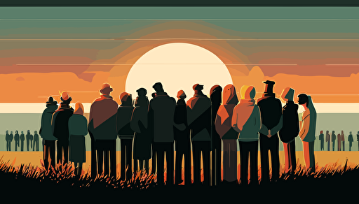 WIDE ANGLE shot perspective. Vector Art, A SMALL GROUP of modern day Christians of all ages, have gathered casually to pray together as the sun goes down, The Sun is starting to set on this warm summer day on the distant horizon in the background of the image. The people are attired for the summer. They are huddled together, praying arm in arm with their heads bowed, The are facing the beautiful sun as it begins to set on the distant horizon. Soft, richly colored image.