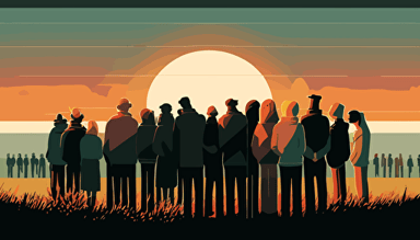 WIDE ANGLE shot perspective. Vector Art, A SMALL GROUP of modern day Christians of all ages, have gathered casually to pray together as the sun goes down, The Sun is starting to set on this warm summer day on the distant horizon in the background of the image. The people are attired for the summer. They are huddled together, praying arm in arm with their heads bowed, The are facing the beautiful sun as it begins to set on the distant horizon. Soft, richly colored image.