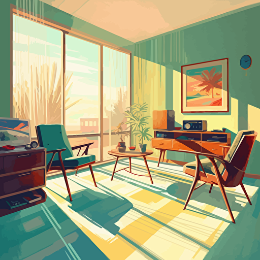 room, mid-century furniture, strong sunlight through window, vectorart