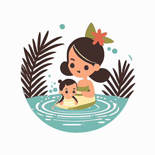 simple flat hula girl baptising a baby in a lake, white background, vector style
