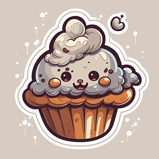 cute cartoon cupcake sticker, vector illustration, in the style of light gray and brown, aggressive digital illustration, fluid form, cloudpunk, tupinipunk, logo, high resolution
