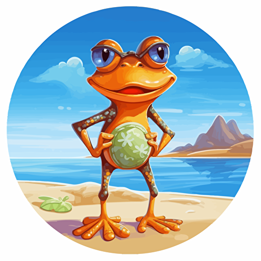 funny cute frog in a swimsuit on the beach, cartoon, vector style