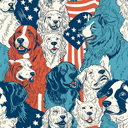 detailed vector illustration of proud dogs having fun, negative space inbetween dogs USA Flag Colors, 4th of July Theme, no watermarks