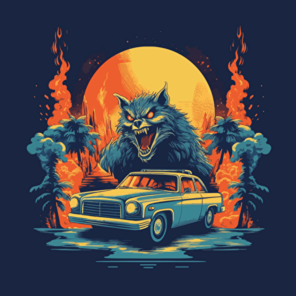 a clean vector design of a burning police car surrounded by werewolves