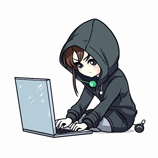 girl hacker trying to log in to a computer. White background. Cute, cartoonish, vector, Manga.