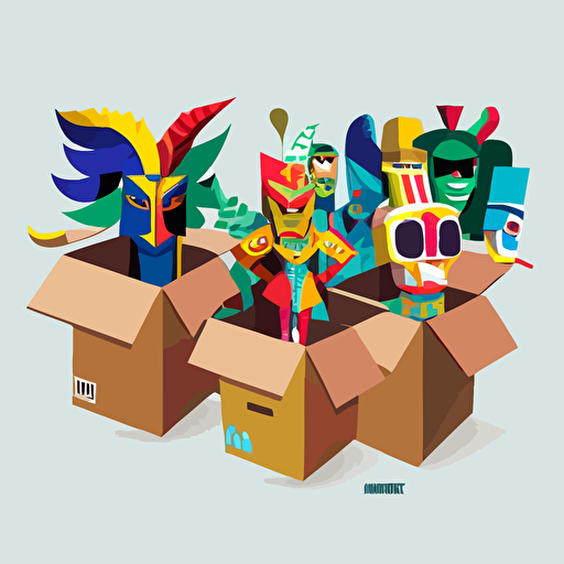 illustration of many rio carnival costumes that are stuffed and packed in open boxes. made with a vector based minimalist cartoon style, on a flat grey background, in a front facing angle