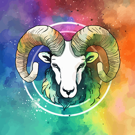 vector line drawing of aries sign, with multicolor, watercolor background.