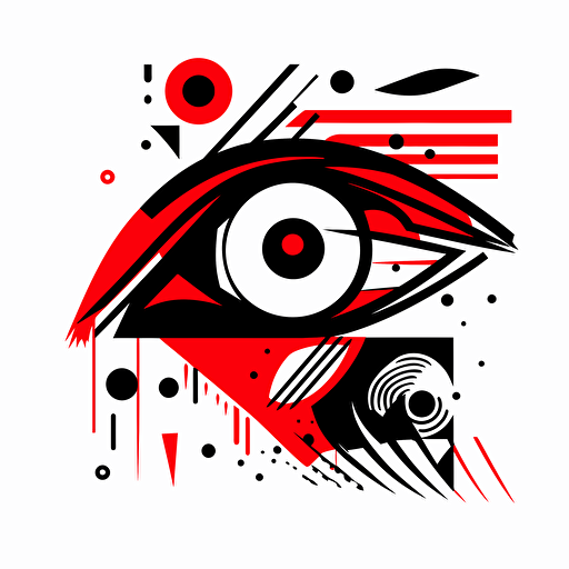 an abstract drawing of an eye looking confused a little happy and suprised, vector black and white, background red
