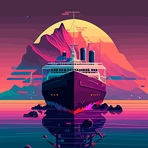 a ship, flat landscape, digital art, vector, long shadow, 45 degree point of view, by Grant Riven Yun , synthwave colors