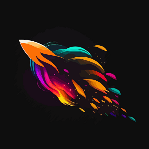 flat vector adobe illustartion 2d hd logo for a social media company that incorporates a flying comet shape using clean simple done in bright colors black background, cold feeling, futuristic feeling, out of this world feeling, logo like space x company as inspiration