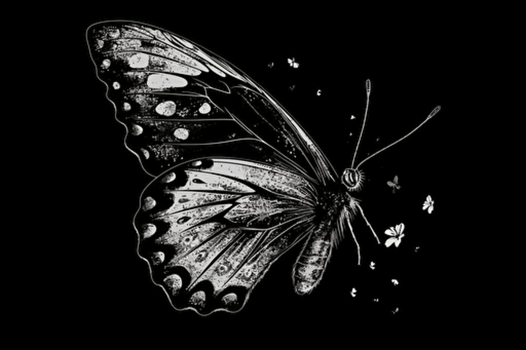 butterfly vector image white ink black background, black and white drawing ,