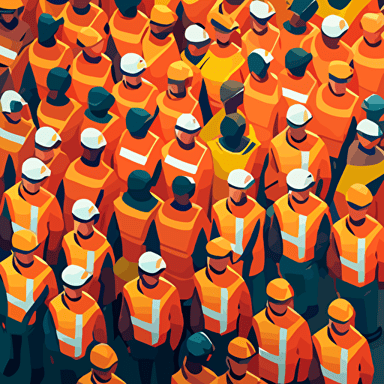 a huge crowd of delivery service workers, facing the camera. happy, vector, detailed.