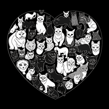 illustrated cats of all breeds and sizes gathered together in the shape of a heart. Vector outline drawing in white on a black background