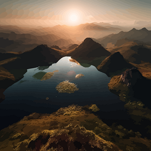 As the sun slowly rises over the eastern horizon, the serene landscape of three hills and a tranquil lake below comes into view. Each hill is taller than the last, creating a stunning gradient of heights. A magnificent Geranoaetus melanoleucus, soars majestically overhead, surveying the vast expanse below. The scene is still somewhat dark, but the first rays of sunshine illuminate the edges of the hills and begin to brighten the sky. In the topmost part of the image, the moon is visible, a ghostly presence in the daytime sky. Surrounding the lake are numerous weeping willows, their delicate branches swaying in the light breeze, illustration design vector, vector art, illustration colorful