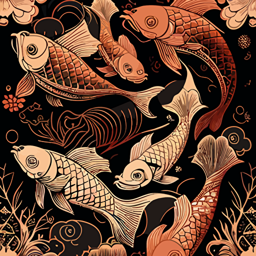 Koi fish, Japanese inspired fabric patterns, in the art style of Terry Gilecki, fine detail, traditional asian inspired theme and patterns, vector contour