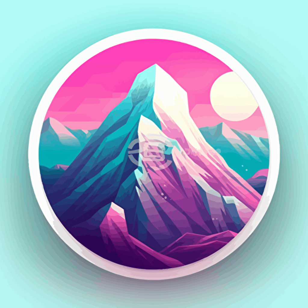 pin design, only use pink, purple, light blue and white, mountain peak surrounded by energy, vector image, styilized