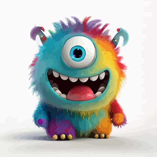 A saturated colorfull baby fur monster, goofy looking, smiling, white background, vector art , pixar style