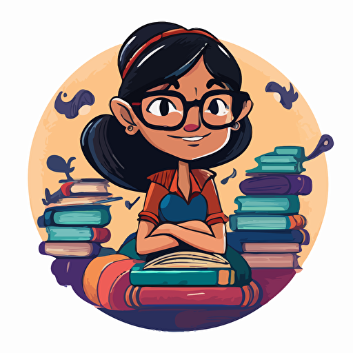 Imagine a Disney-style vector caricature of a nerdy Indian girl sitting and smiling against a plain white background. The girl is wearing glasses and surrounded by a pile of books. The artwork is designed in a round circle format, with a whimsical and playful tone to it. 12k v 5