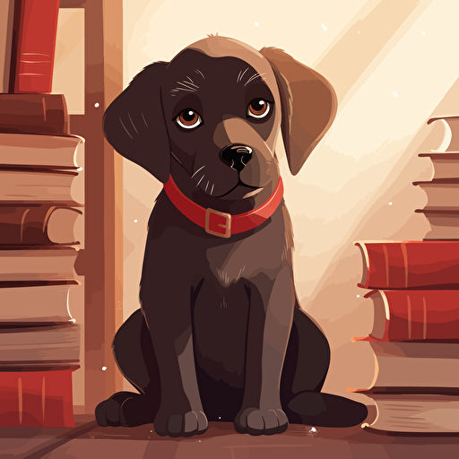 A cute puppy dog with floppy ears and big brown eyes, sitting in front of a stack of books, wearing a red collar with a gold tag, Minimalistic vector art, black SVG, indoor scene, soft lighting,