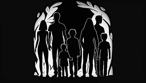 a white logo of big family, vectorised, no text, black background,