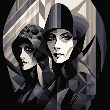 black ezquisite vector art, pop surrealism, hooded cabal of conspirators, in the style of Victor Vasarely, Olivier Coipel, Iris Compiet, highly detailed, James Gilleard, Genndy Tartakovsky, Tamara de Lempicka, insane detail