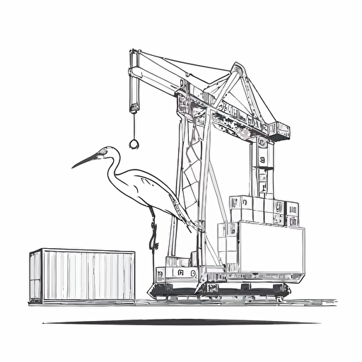 block print style illustration, small portal crane, white background, vector, minimalism, sea container, minimalism, logo, one line, few elements