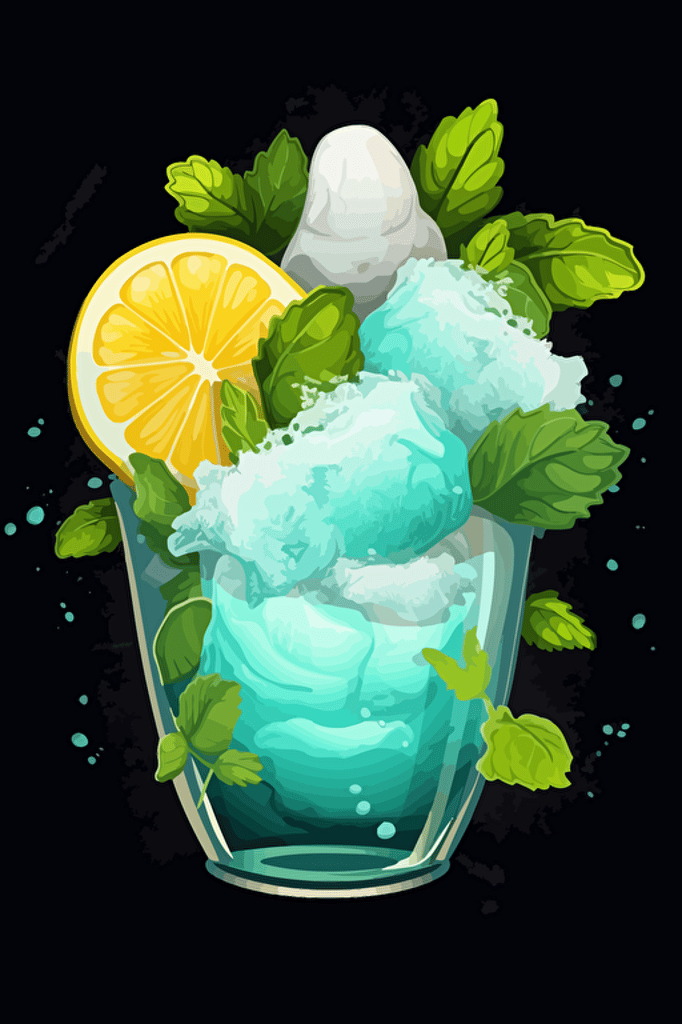 candy floss with fresh mint and lemon topping in a glass, slice of lemon and leaf of mint, vector logo design, black background