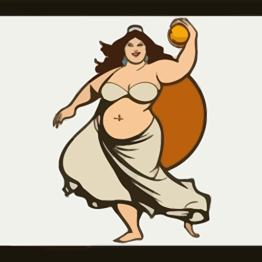 logo,mascot, simplistic, chubby Belly Dancer catching an oblong brown ball, vector, white background