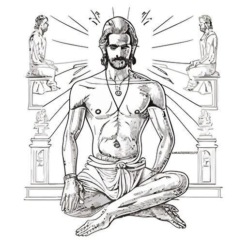 confidence composure knowledge of self higher self asana shankara upanishad ved meditation isometric hand drawn sketches line drawing illustration vector