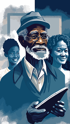 Elderly black man holding a tablet, smiling family behind him, abstract background, vector art, blue and white and dark gray, by Jean Giraud,