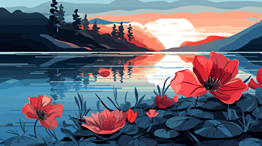 2d vector illustration blue and red flower and lake