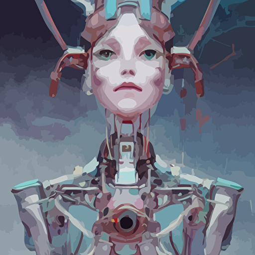 surreal gouache painting yoshitaka amano ruan jia conrad roset kilian eng good smile company detailed anime 3d render female mechanical android maid portrait cgsociety artstation modular mechanical costume headpiece retrowave atmosphere