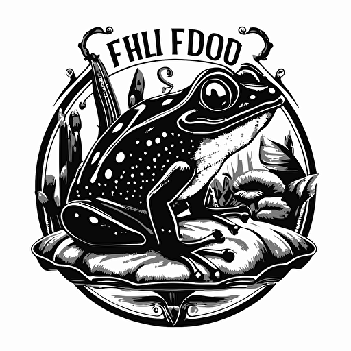 retro-futurist iconic logo of a frog sitting on a Lilly pad, black vector, on white background