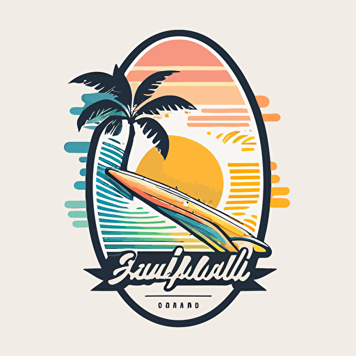 create a beach surfboard company vector logo on white background with 80s style colors