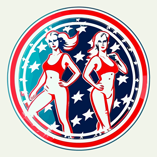 logo of two American Patriots. Female doing physical fitness training. Drawn in a circle. White background. Vector. Clean colors. No shadows.