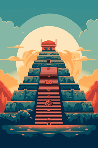 front view of teotihuacan, blue sky, vector design, minimalist, flat