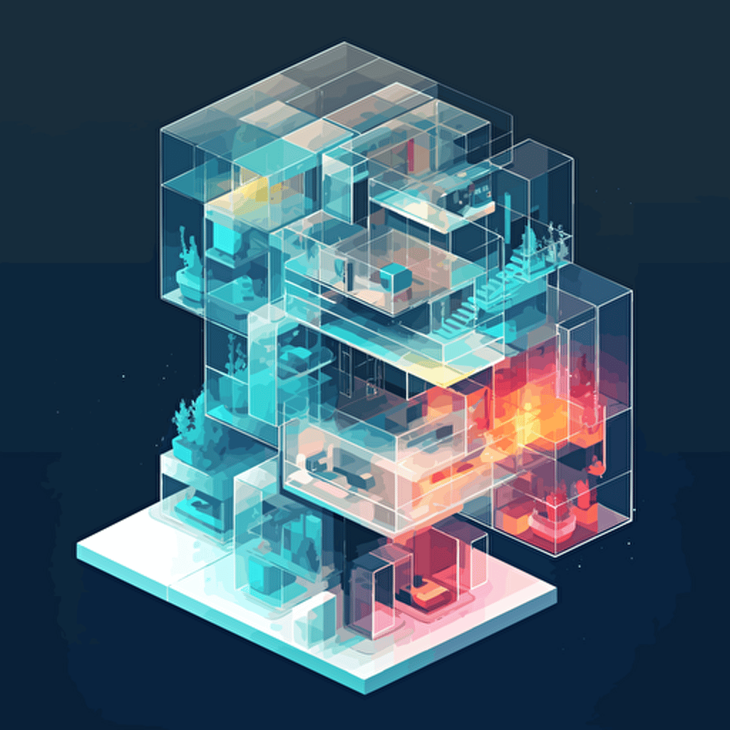 visualize interconnected data as multilevel isometric building with glass windows, vector shapes