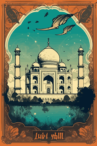 taj mahal postcard, mythic-art nouveau, tachist, vector