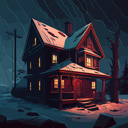 A survivor base, built in a two story suburban house is enduring a chilling winter storm with strong winds. Colors are cold and the image should convey a slight sense of panic. Warm light is seen on the inside of the house. Vector illustration.
