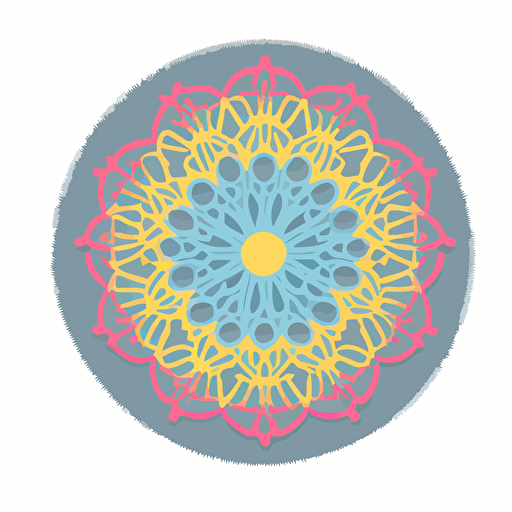 a simple vector logo of a mandala made from yarn, in blue, yellow, pink and gray
