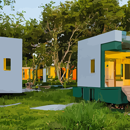 wide image eco community neighborhood innovative contemporary 3d printed prefab sea ranch style cabins rounded corners angles beveled edges cement concrete organic architecture lush green eco community walks parks public space designed gucci wes anderson golden hour