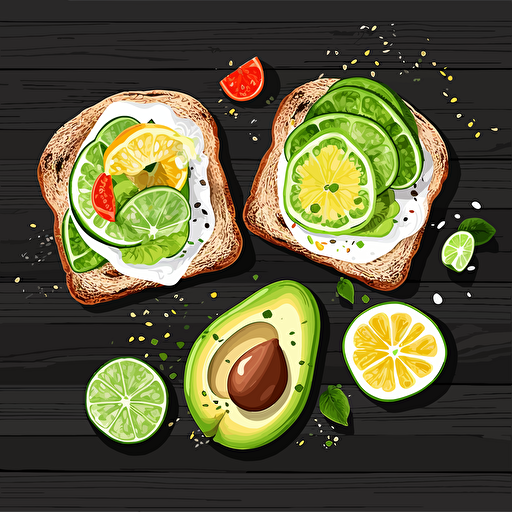 top-shot of: Avocado Toast with Bread, Avocado, Salt, Pepper, Lemon juice. black, white green, red vector design, raster work,