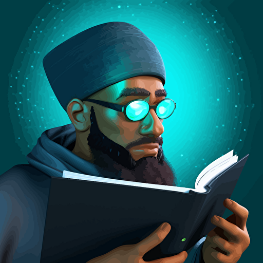a claymation style easily vectorizable time traveling, handsome sunni sufi muslim conquerer from the future, his glasses have an intense and futuristic looking HUD overlay as he studies his surroundings. there is a hologram of an arabic book floating over his right shoulder. image should be easily vectorizable